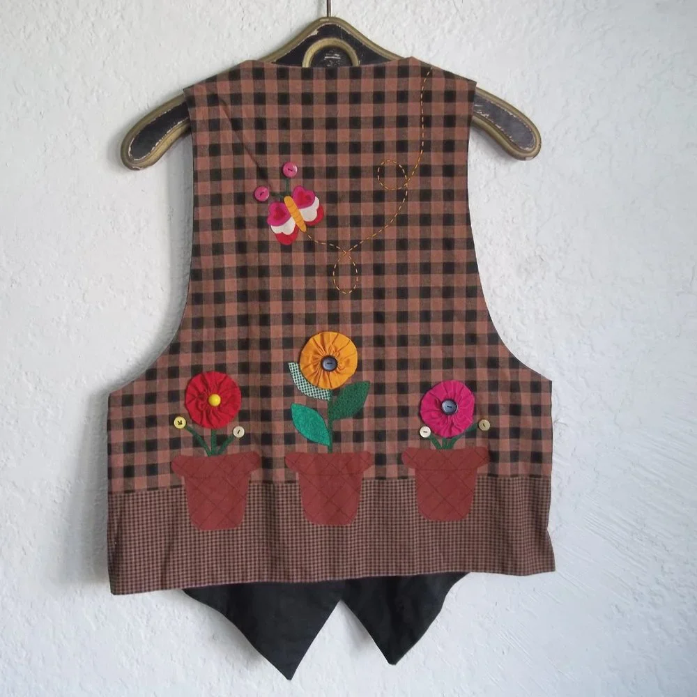 Vintage CRAFTCORE Kitsch Ditsy Floral Cat Scrunchie Flower Check Waistcoat Vest - Picture 2 of 7